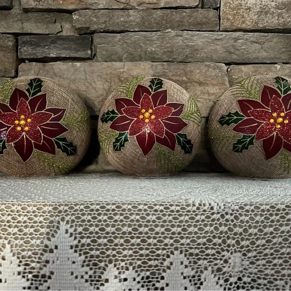 3 Round Burlap Festive Poinsettia lighted Holiday Balls On/off/timer decor - Picture 5 of 8